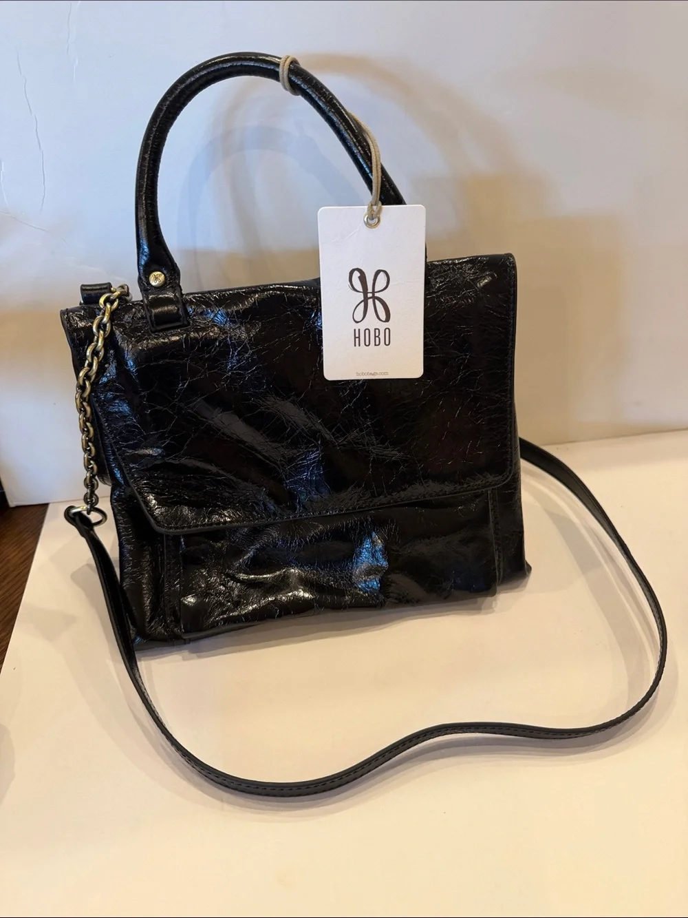 NWT HOBO Black Patent Leather Satchel with Chain Accent